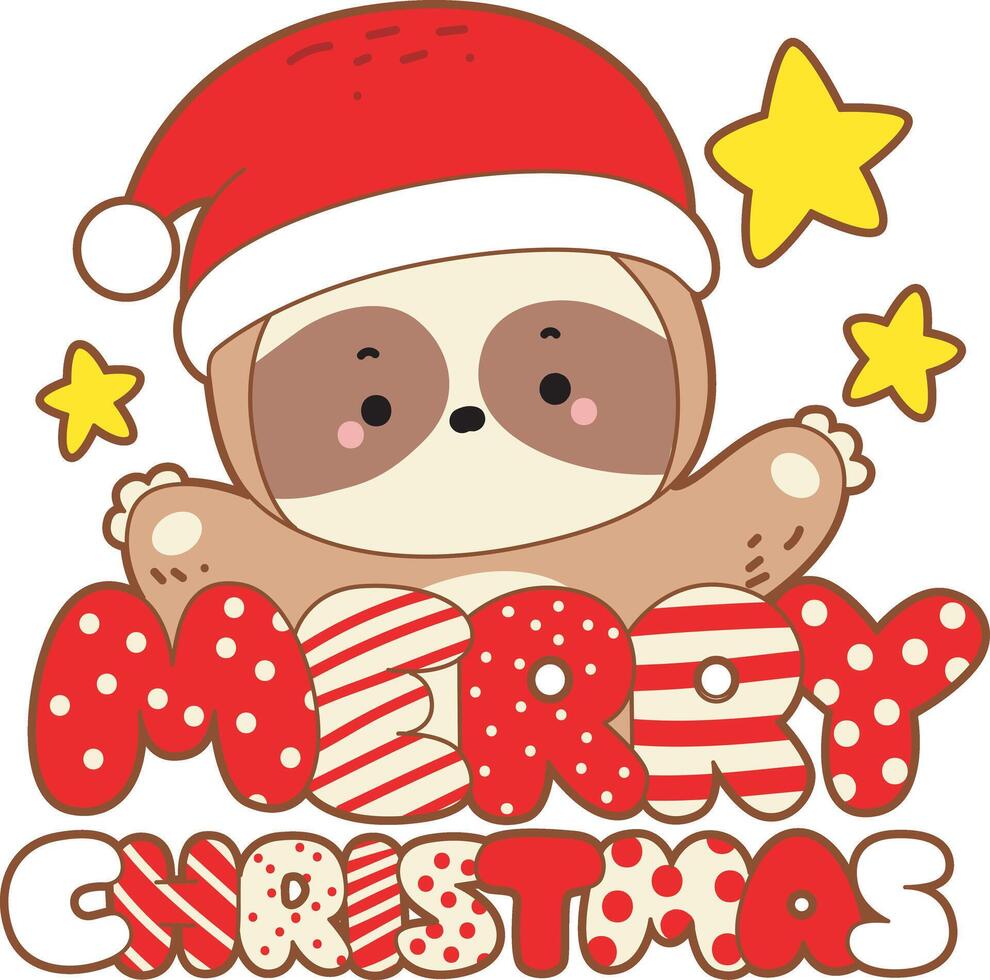 A merry christmas text with santa sloth. Cute sloth christmas version. Funny baby sloth animal series christmas illustration. vector