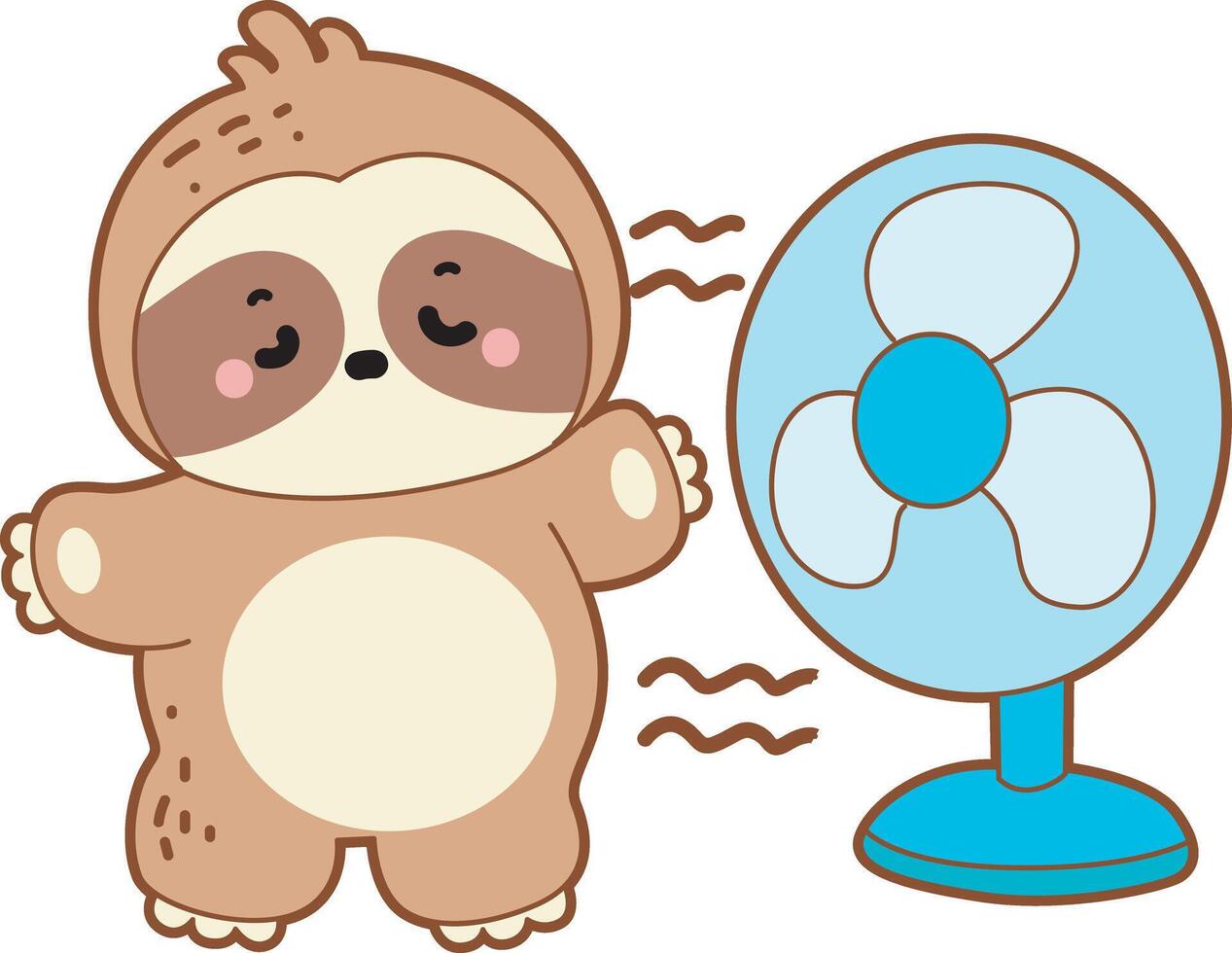 A sloth in front of the fan. Cute sloth icon. Funny baby sloth animal series stock illustration. Slow life of fluffy sloth designs. vector