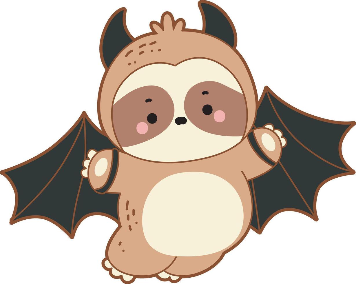 A baby sloth flying with bat costume. Cute sloth halloween version. Funny baby sloth animal series halloween illustration. vector