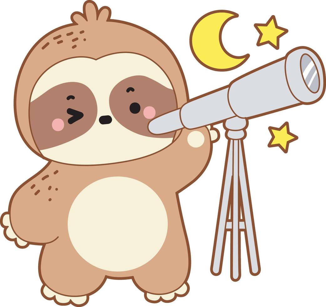 A sloth see the moon with telescope. Cute sloth icon. Funny baby sloth animal series stock illustration. Slow life of fluffy sloth designs. vector