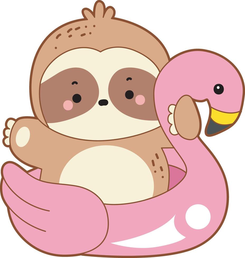 A sloth want to swimming with flamingo tire. Cute sloth icon. Funny baby sloth animal series stock illustration. Slow life of fluffy sloth designs. vector