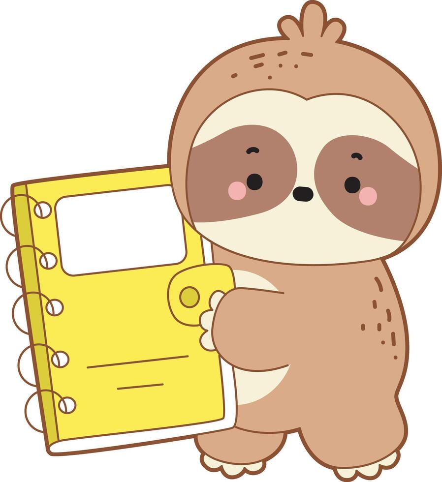 A sloth bring a yellow notebook. Cute sloth icon. Funny baby sloth animal series stock illustration. Slow life of fluffy sloth designs. vector