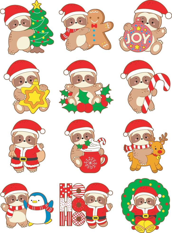 Christmas set with baby sloth characters. Cute sloth christmas version. Funny baby sloth animal series christmas illustration. vector