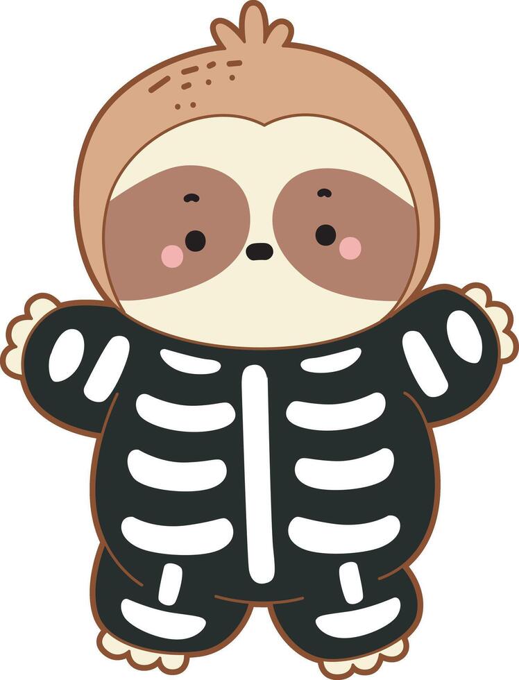 A sloth wearing a skull costume. Cute sloth halloween version. Funny baby sloth animal series halloween illustration. vector