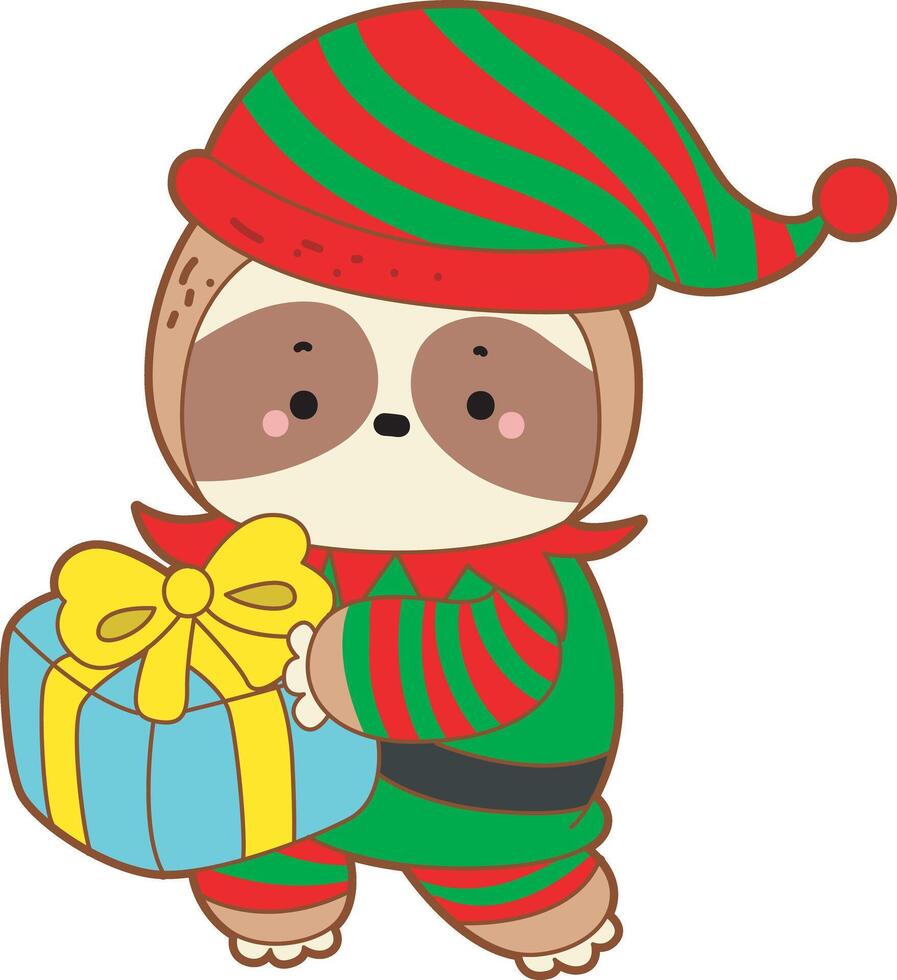 A baby sloth wearing a dwarf costume. Cute sloth christmas version. Funny baby sloth animal series christmas illustration. vector