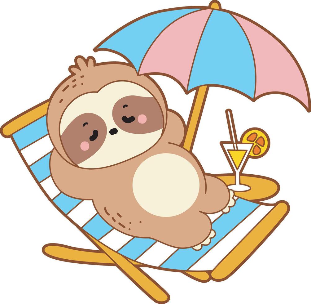 A sloth relaxing in the beach with orange juice. Cute sloth icon. Funny baby sloth animal series stock illustration. Slow life of fluffy sloth designs. vector