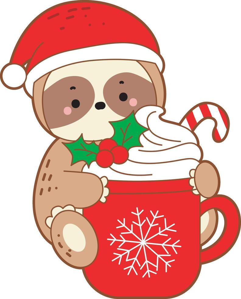 A santa sloth hugging a hot chocolate. Cute sloth christmas version. Funny baby sloth animal series christmas illustration. vector