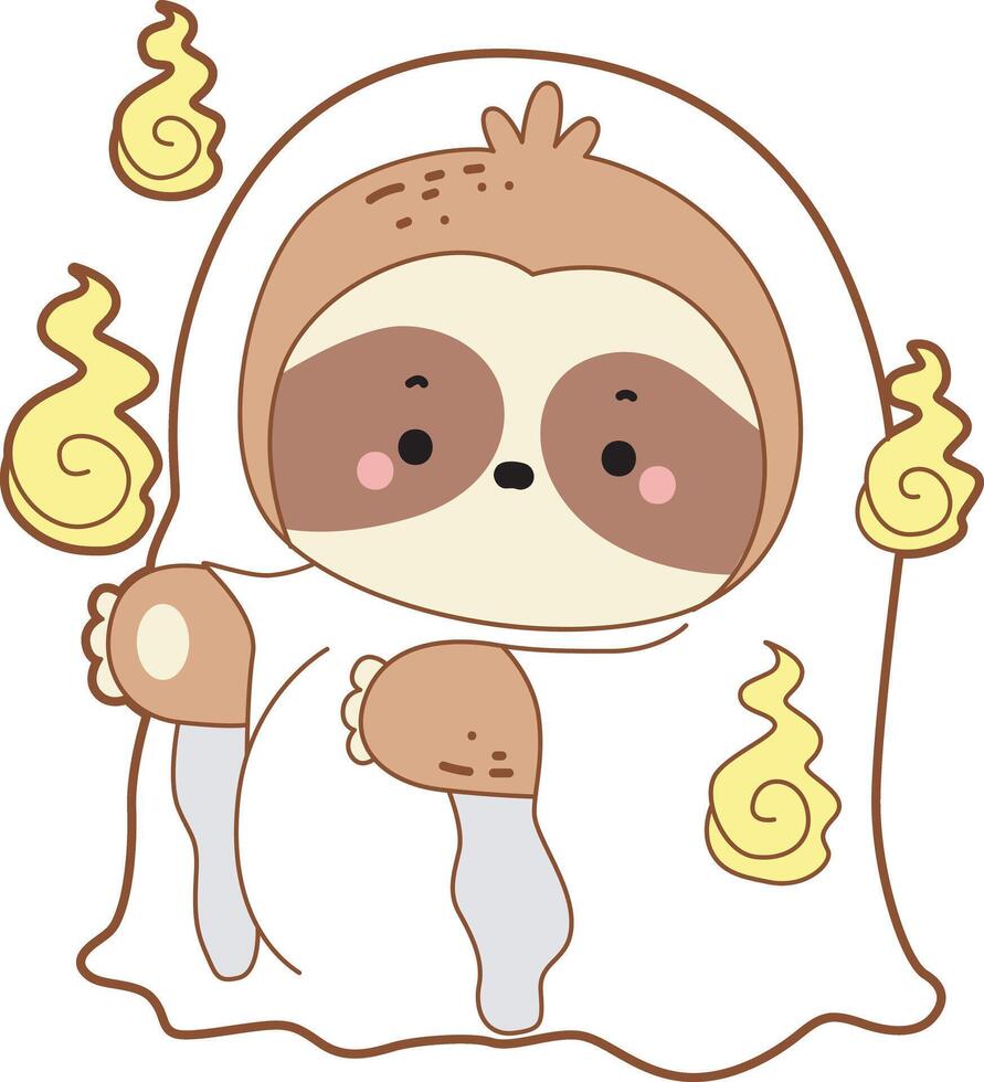 A sloth wearing a ghost costume and jumpscare. Cute sloth halloween version. Funny baby sloth animal series halloween illustration. vector