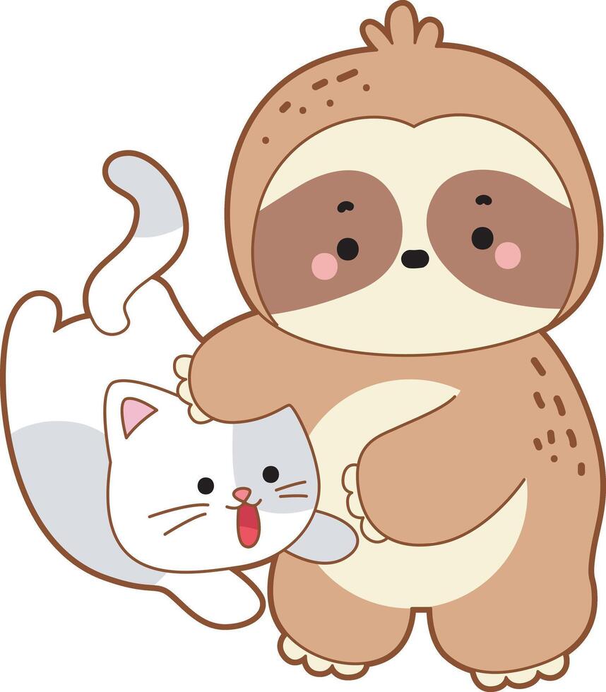 A sloth playing with kitty. Cute sloth icon. Funny baby sloth animal series stock illustration. Slow life of fluffy sloth designs. vector
