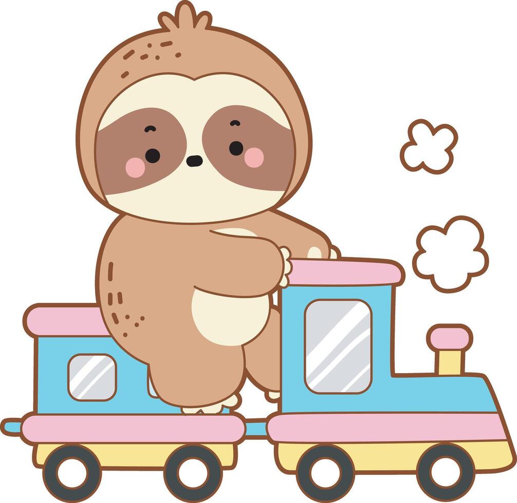 A sloth riding a train in the rails. Cute sloth icon. Funny baby sloth animal series stock illustration. Slow life of fluffy sloth designs. vector