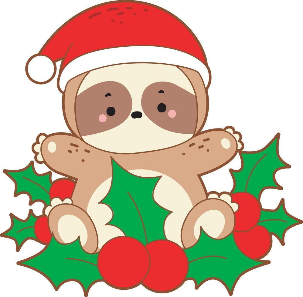 A baby sloth in the middle of plants. Cute sloth christmas version. Funny baby sloth animal series christmas illustration. vector