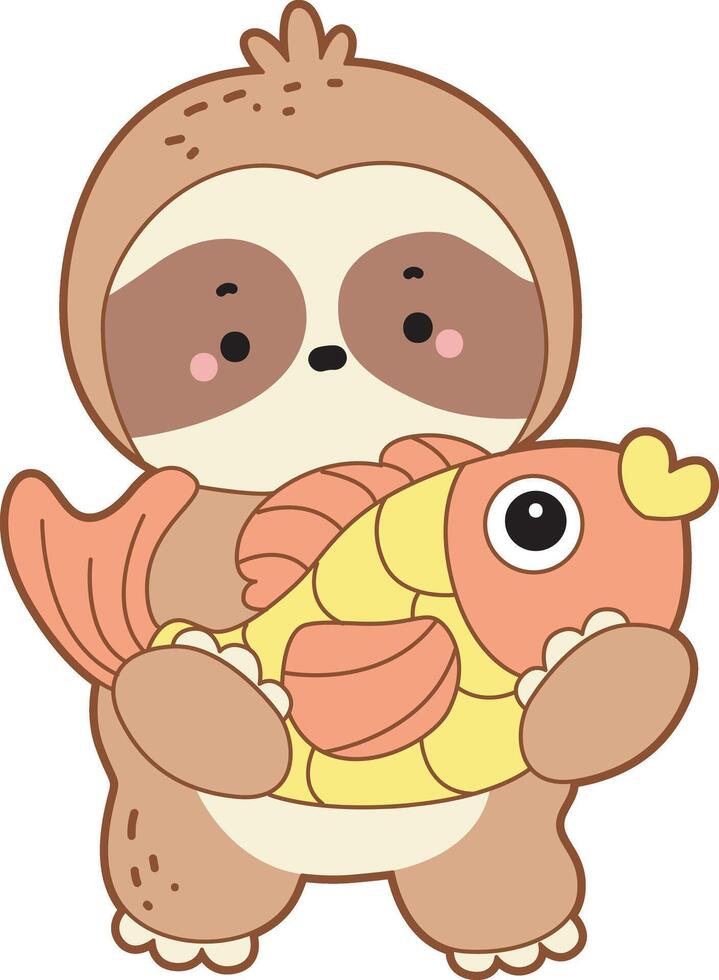 A sloth bring a big gold fish. Cute sloth icon. Funny baby sloth animal series stock illustration. Slow life of fluffy sloth designs. vector