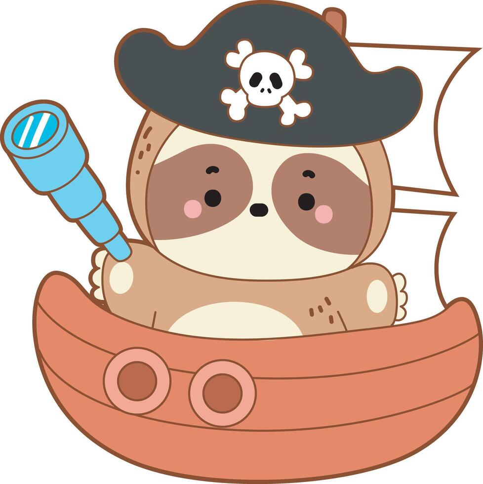 A sloth like pirates in the boat. Cute sloth icon. Funny baby sloth animal series stock illustration. Slow life of fluffy sloth designs. vector