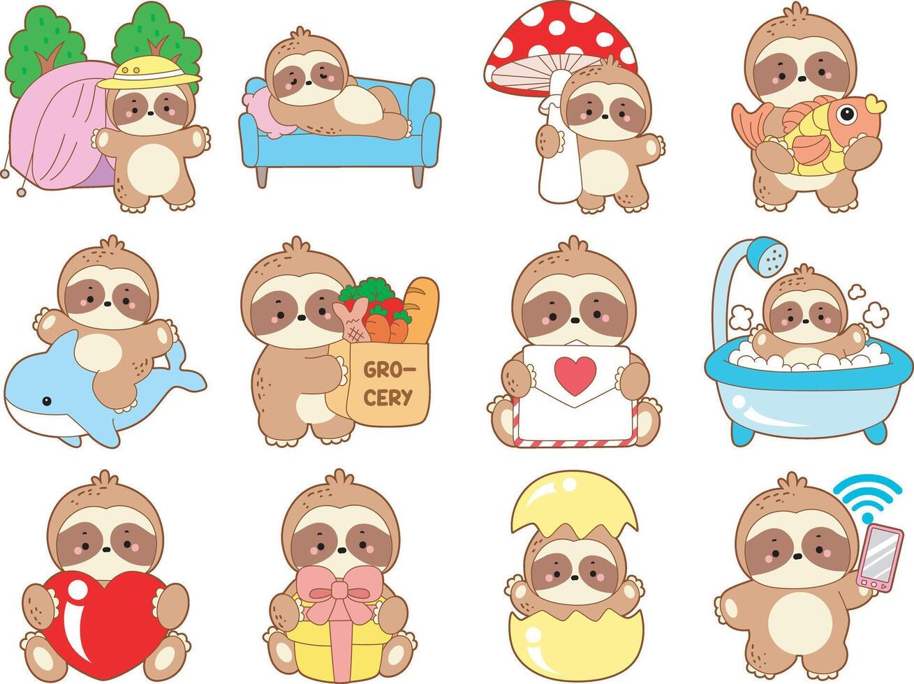 Variation of holiday cute sloth elements. Cute sloth icon. Funny baby sloth animal series stock illustration. Slow life of fluffy sloth designs. vector