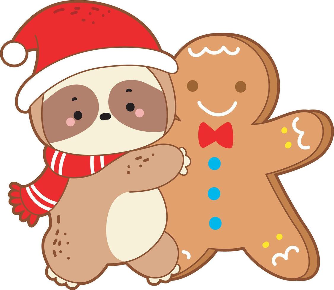 A santa sloth hugging a ginger bread. Cute sloth christmas version. Funny baby sloth animal series christmas illustration. vector