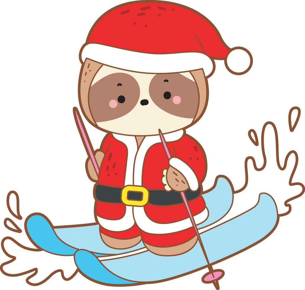 A santa sloth do ice skating in the snow. Cute sloth christmas version. Funny baby sloth animal series christmas illustration. vector