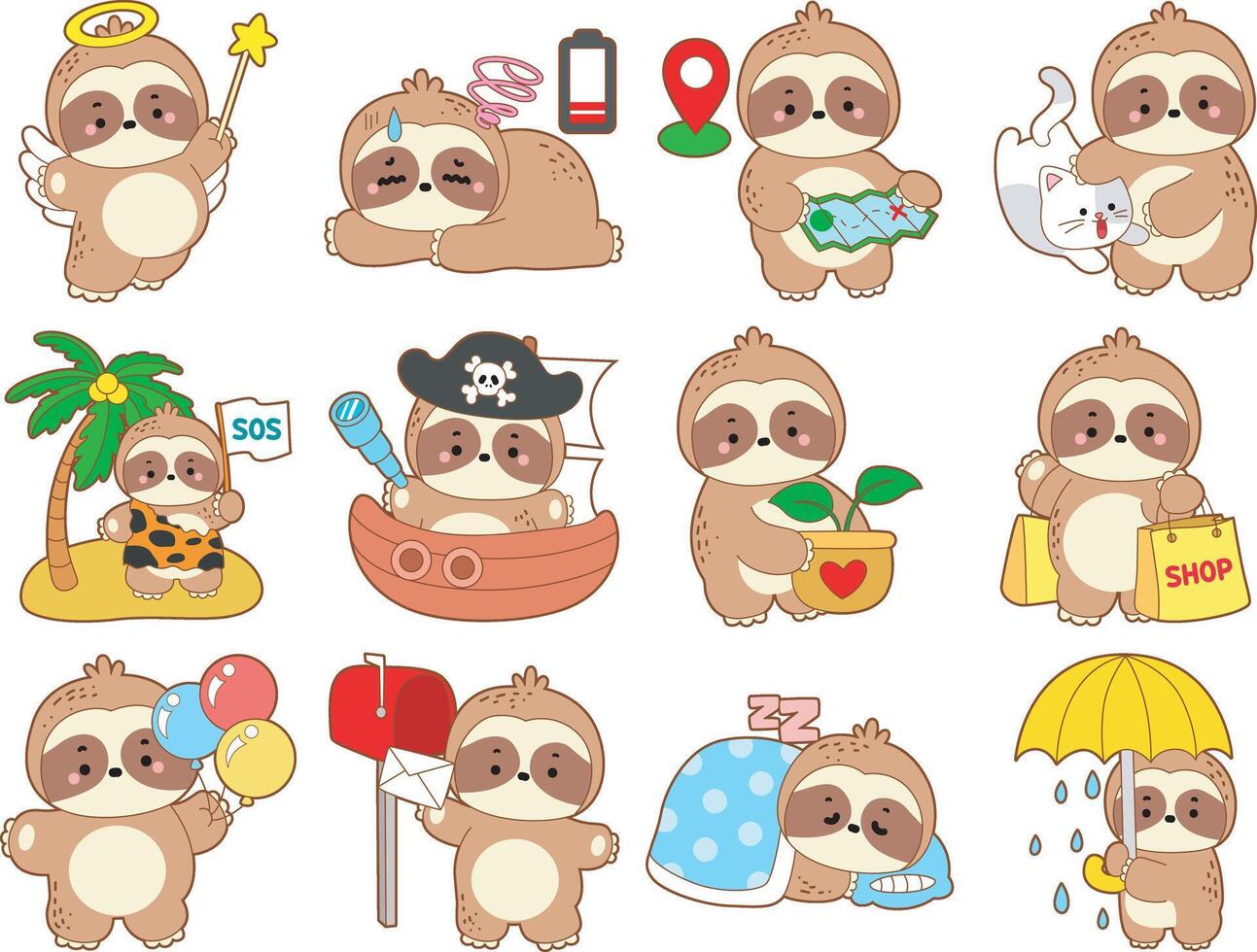 A random activities of cute sloth. Cute sloth icon. Funny baby sloth animal series stock illustration. Slow life of fluffy sloth designs. vector