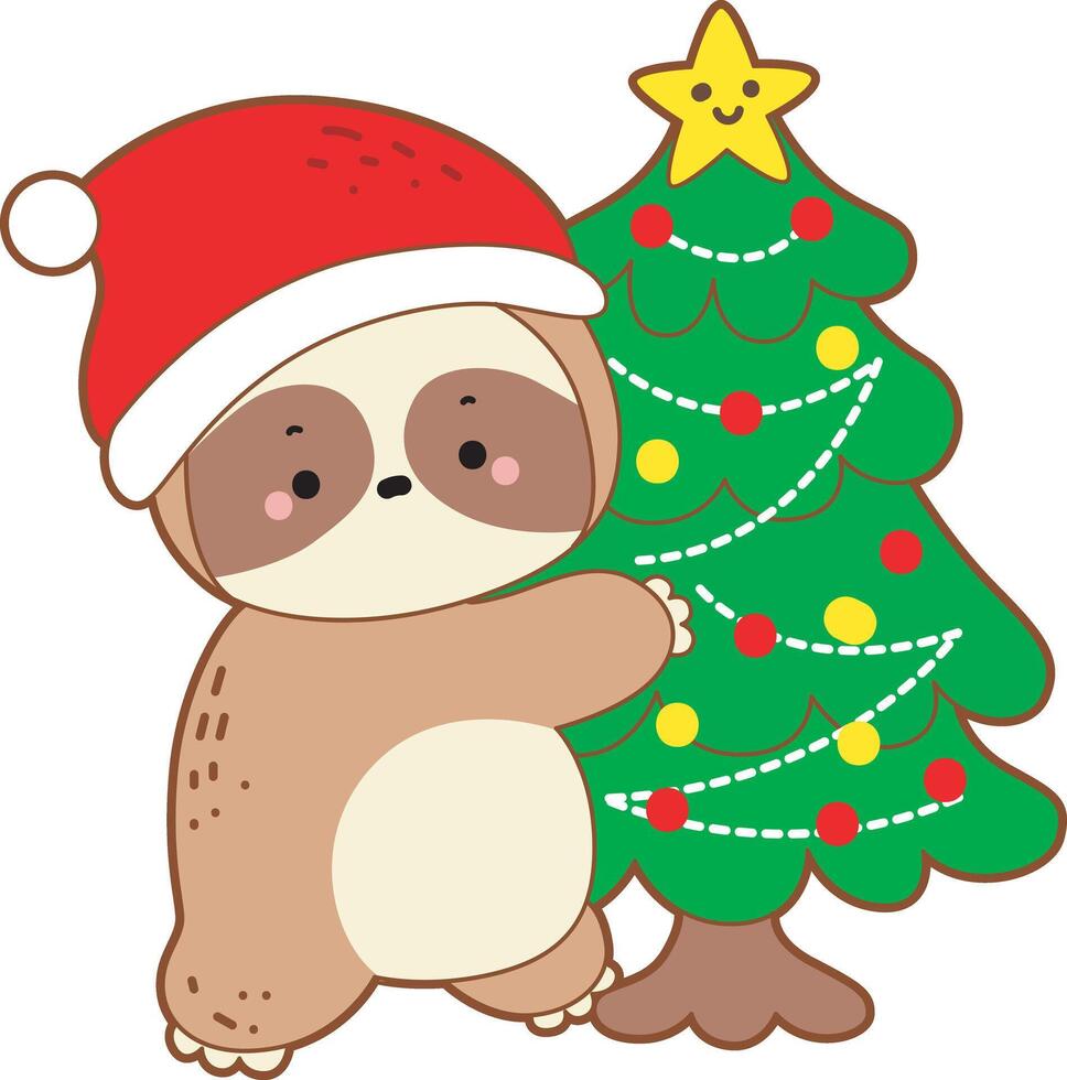 A baby sloth hugging a christmas tree. Cute sloth christmas version. Funny baby sloth animal series christmas illustration. vector