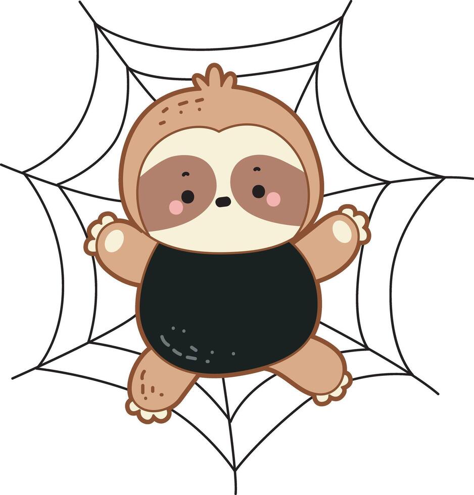 A sloth stuck in the spider's web. Cute sloth halloween version. Funny baby sloth animal series halloween illustration. vector