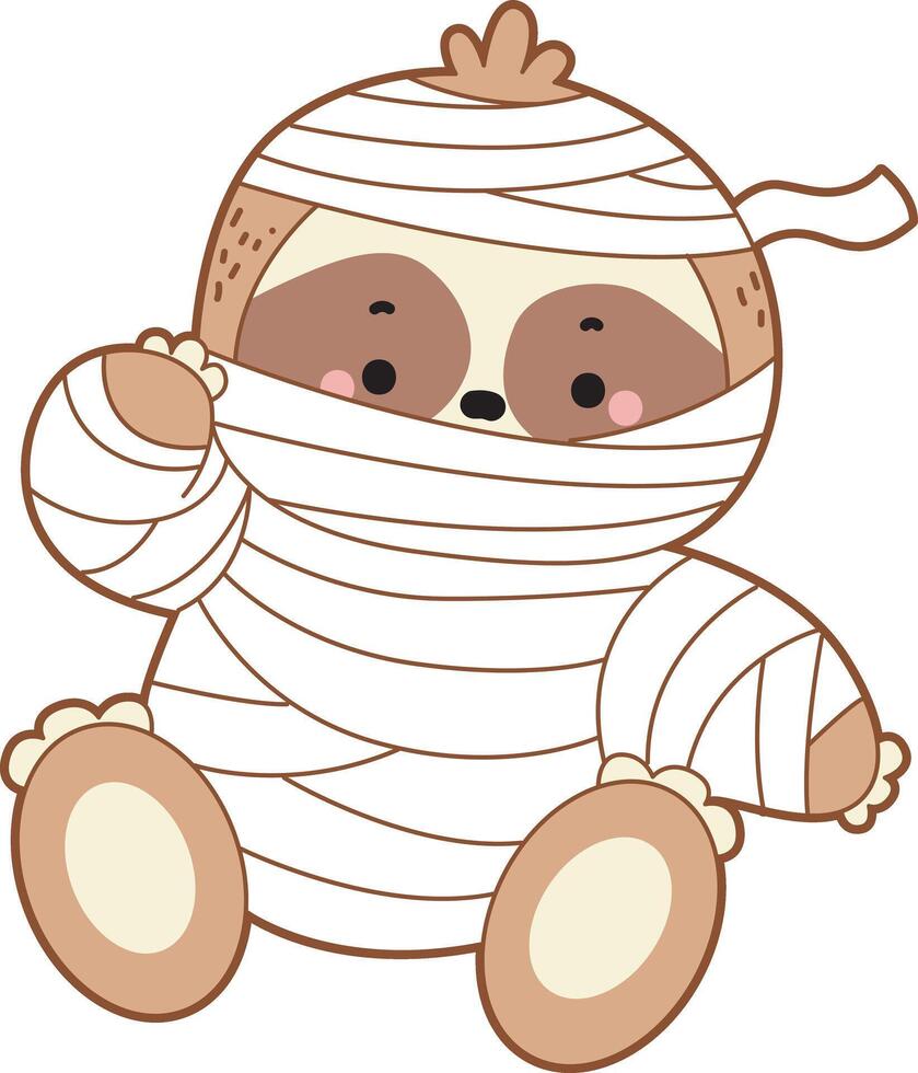 A sloth like a mummy with many bandage. Cute sloth halloween version. Funny baby sloth animal series halloween illustration. vector