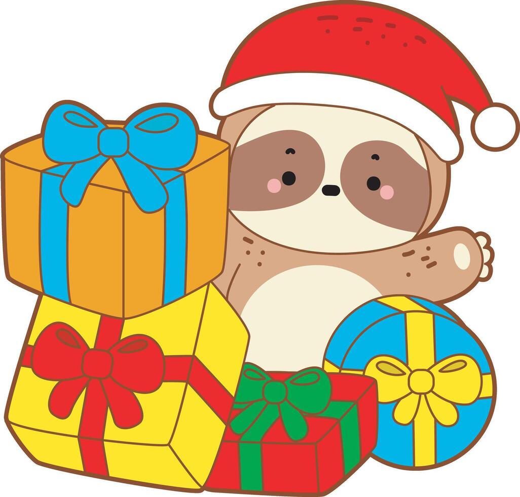 A santa sloth with many of gift. Cute sloth christmas version. Funny baby sloth animal series christmas illustration. vector