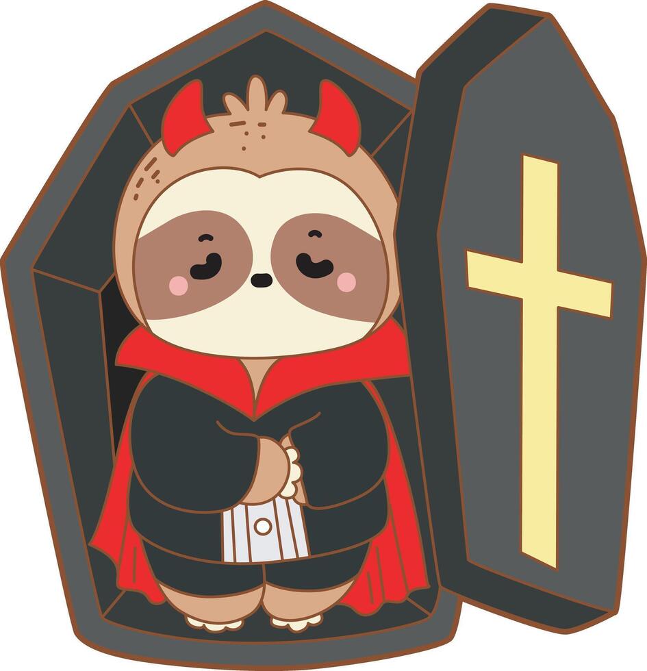A baby vampire sloth sleeping in the coffin. Cute sloth halloween version. Funny baby sloth animal series halloween illustration. vector