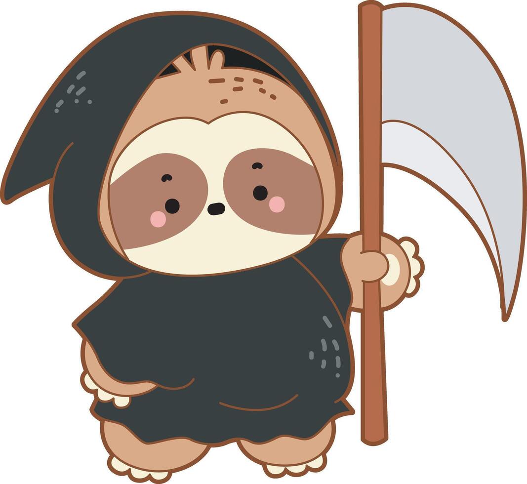 A sloth wearing a black angel of death costume. Cute sloth halloween version. Funny baby sloth animal series halloween illustration. vector