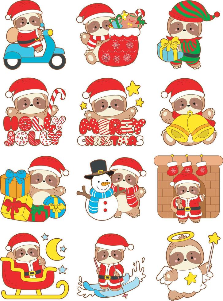 Variation of christmas set by cute sloth. Cute sloth christmas version. Funny baby sloth animal series christmas illustration. vector