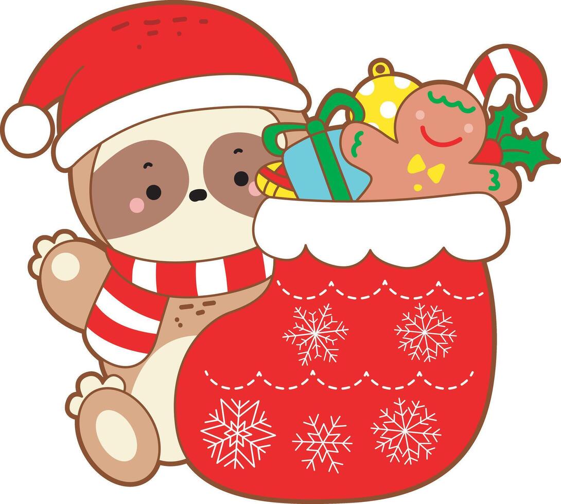 A santa sloth bring a red socks with many gift. Cute sloth christmas version. Funny baby sloth animal series christmas illustration. vector