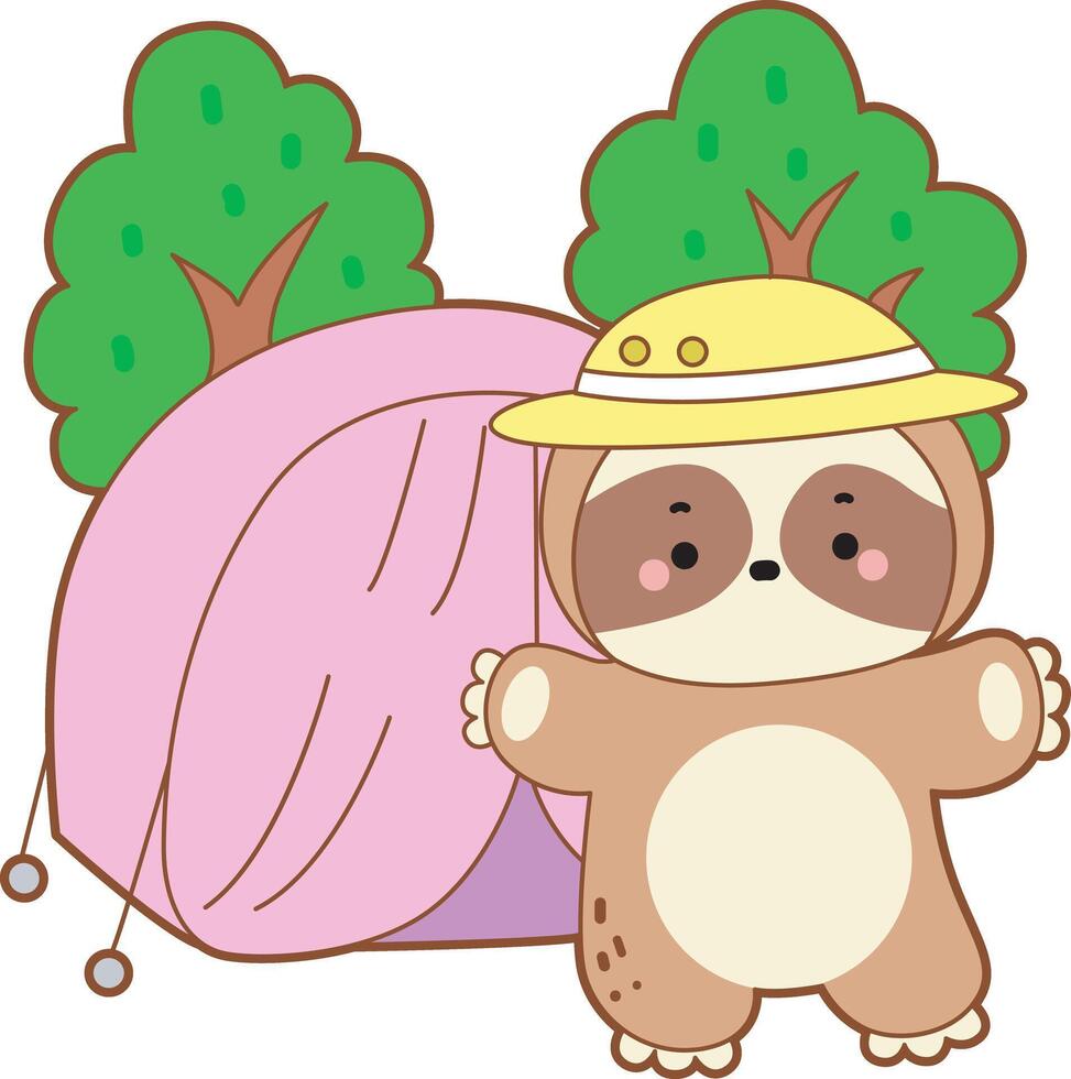A sloth camping with tent in the forest. Cute sloth icon. Funny baby sloth animal series stock illustration. Slow life of fluffy sloth designs. vector