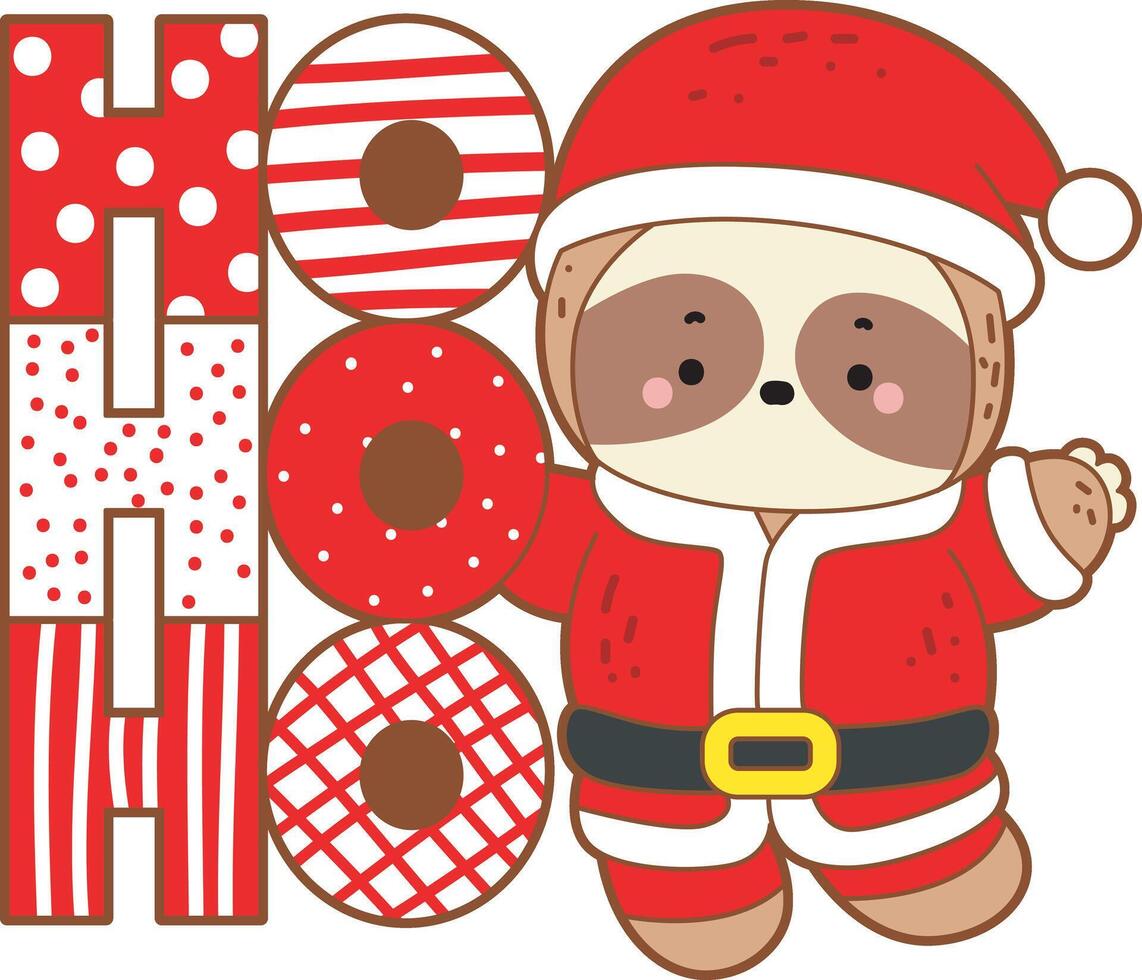 A santa sloth in the next of 'ho ho ho' text vector
