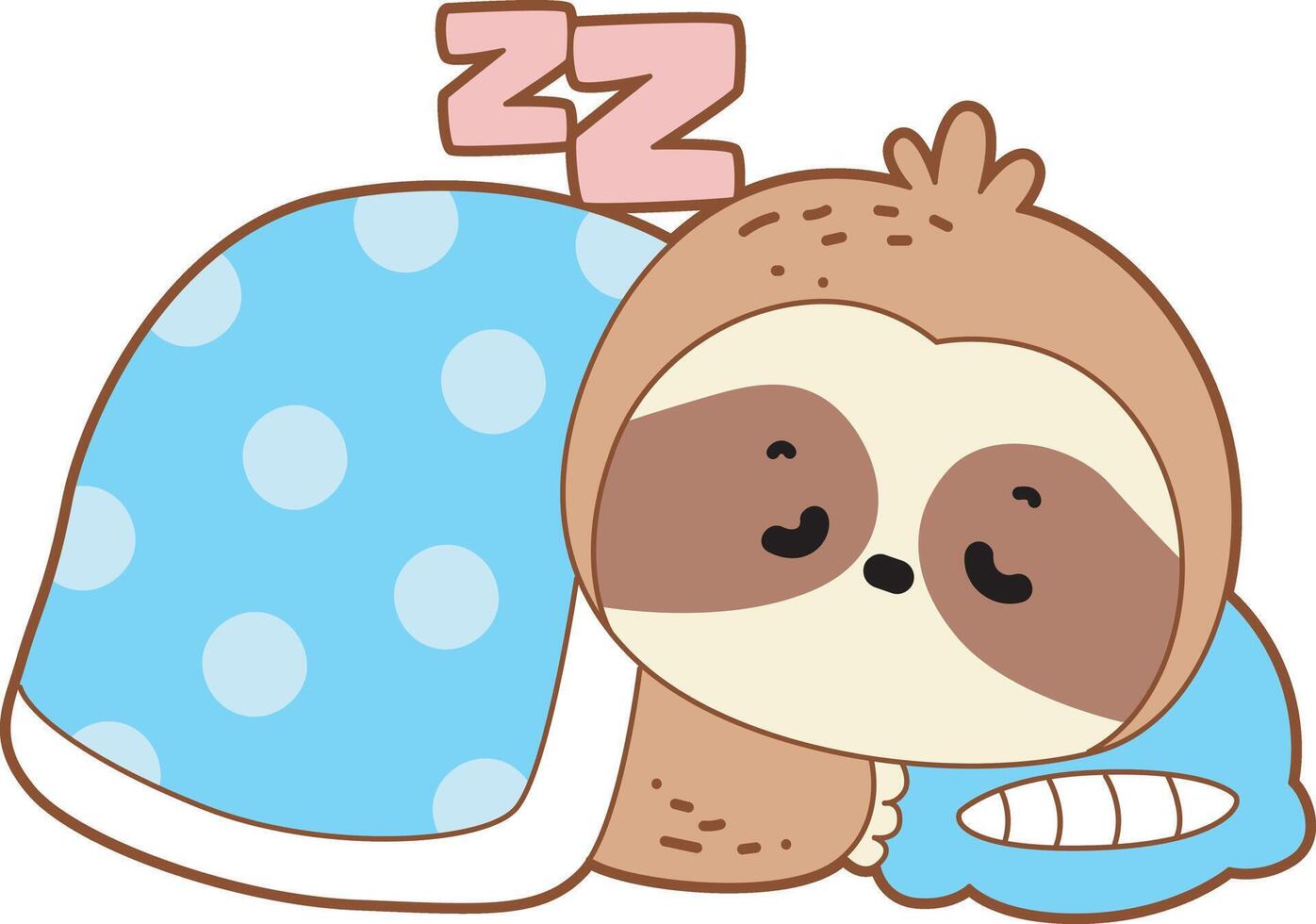 A sloth is sleeping with blanket. Cute sloth icon. Funny baby sloth animal series stock illustration. Slow life of fluffy sloth designs. vector