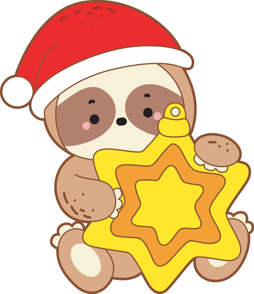 A baby sloth hugging a yellow stars. Cute sloth christmas version. Funny baby sloth animal series christmas illustration. vector