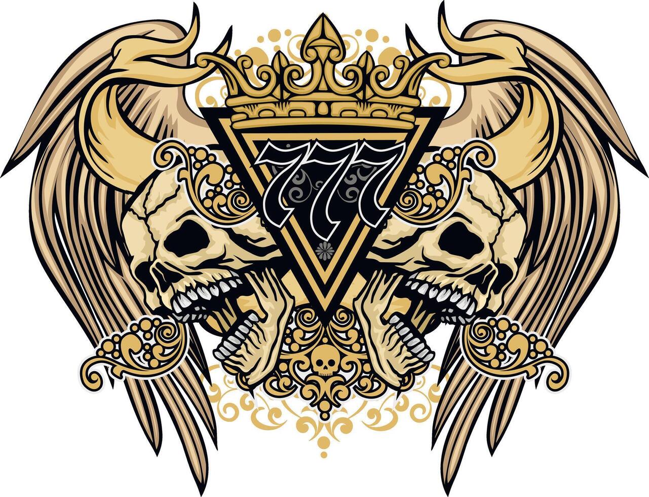 gold two skulls and crown and wings vector