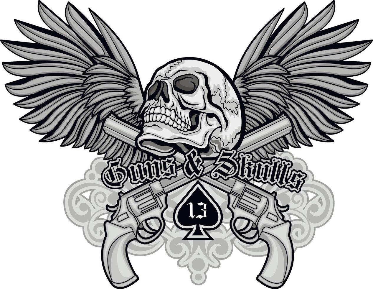 grunge skull and two revolvers with sign of spades vector