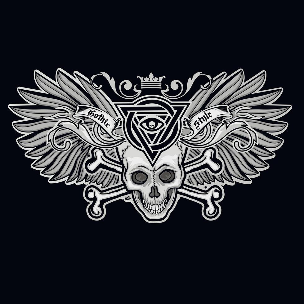 skull with wings and sign with triangle and eye vector