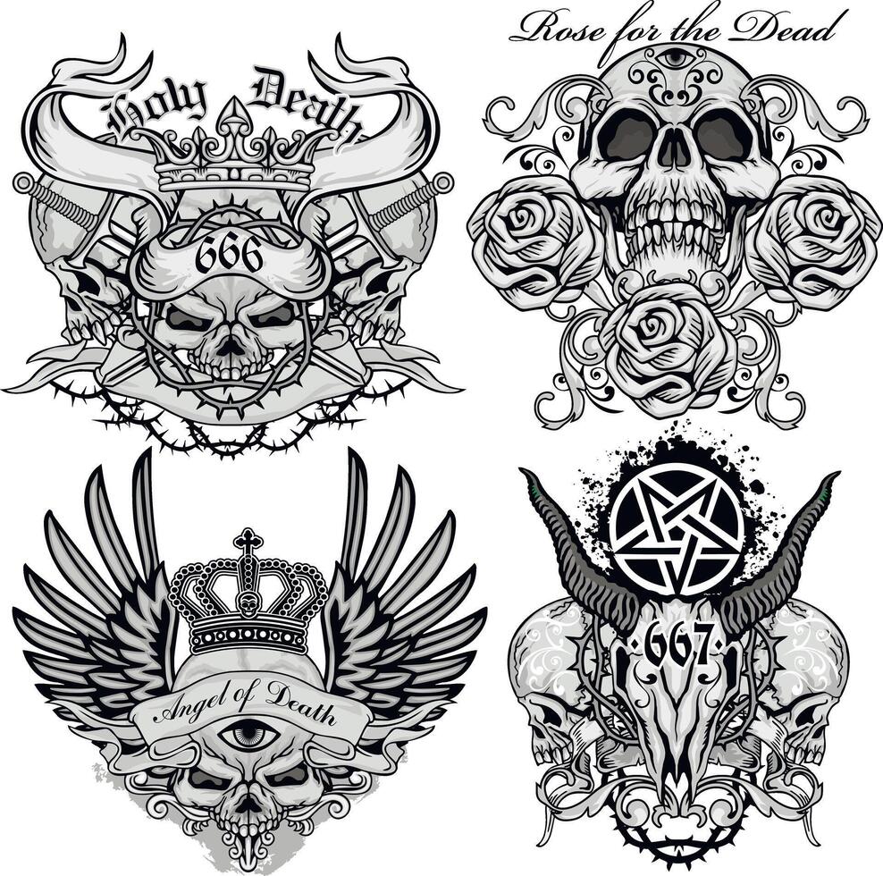 Set, gothic vintage skull vector