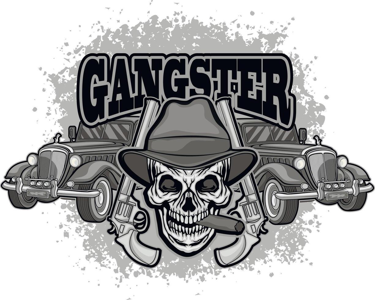 grunge gangster skull and two revolvers and two retro cars vector