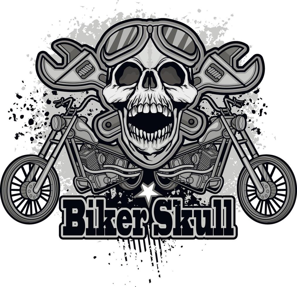 biker skull and adjustable wrenches vector