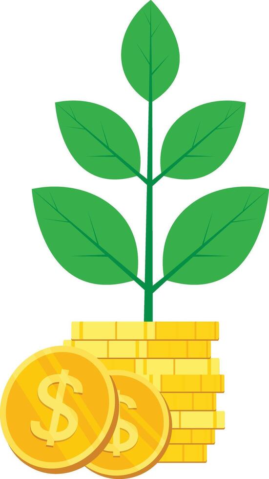 Business investing concept. Coins stack with leaves branch. Financial success and money growth. Flat illustration on white background vector
