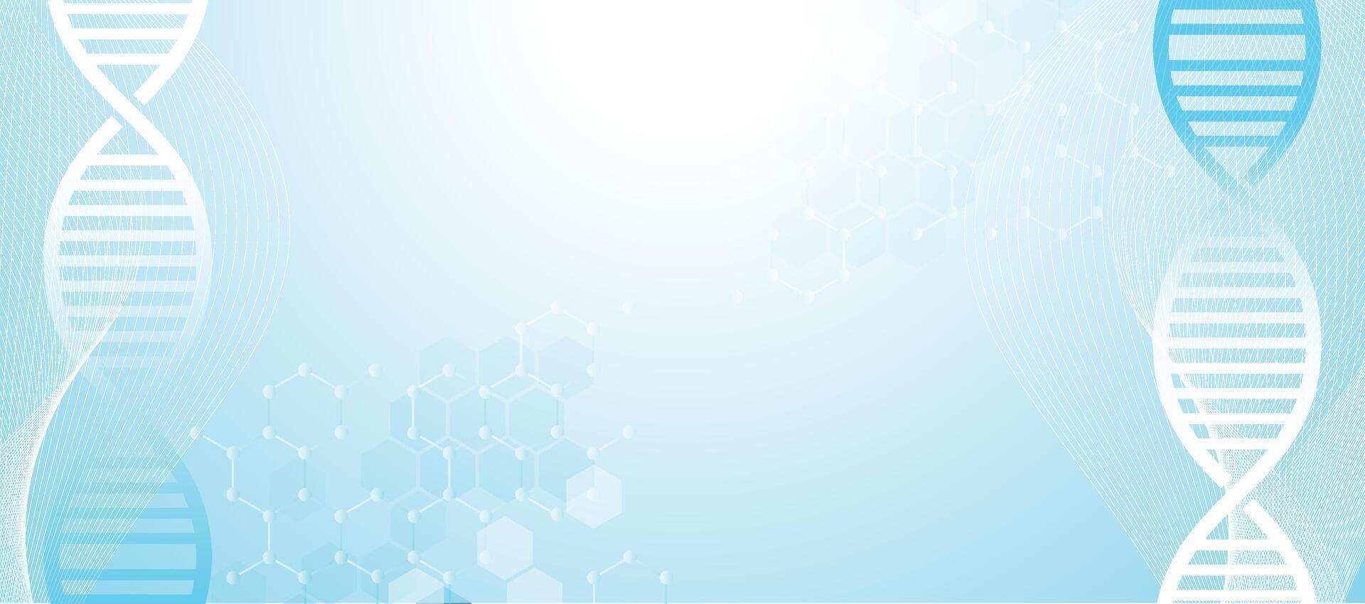 DNA helix blue background. Abstract DNA molecules banner. Abstract hexagonal molecular structures in technology, medical, and science background vector