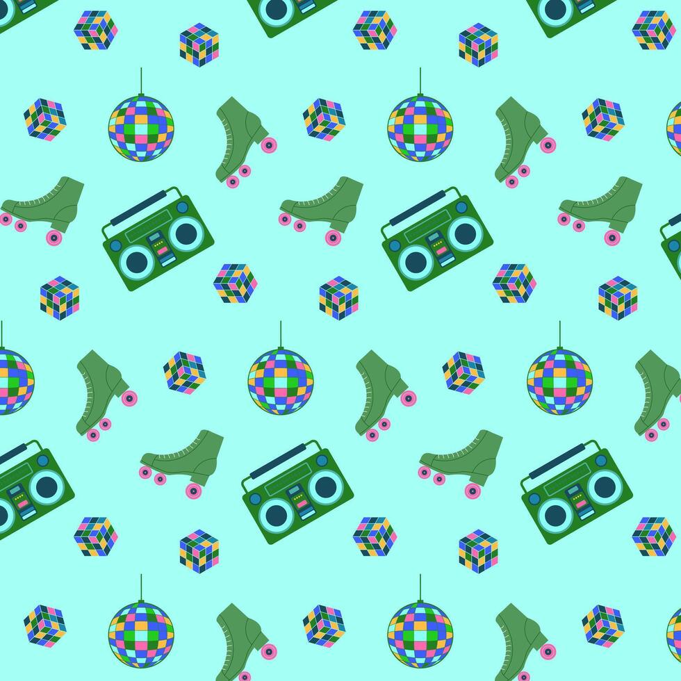 90s Retro Style Set. Y2K Elements Like Cassette Tapes, Roller Skates, Boomboxes Pattern. 1980s And 1990s Fashion Design for For Modern Banners, Cards, Party Templates. illustration vector