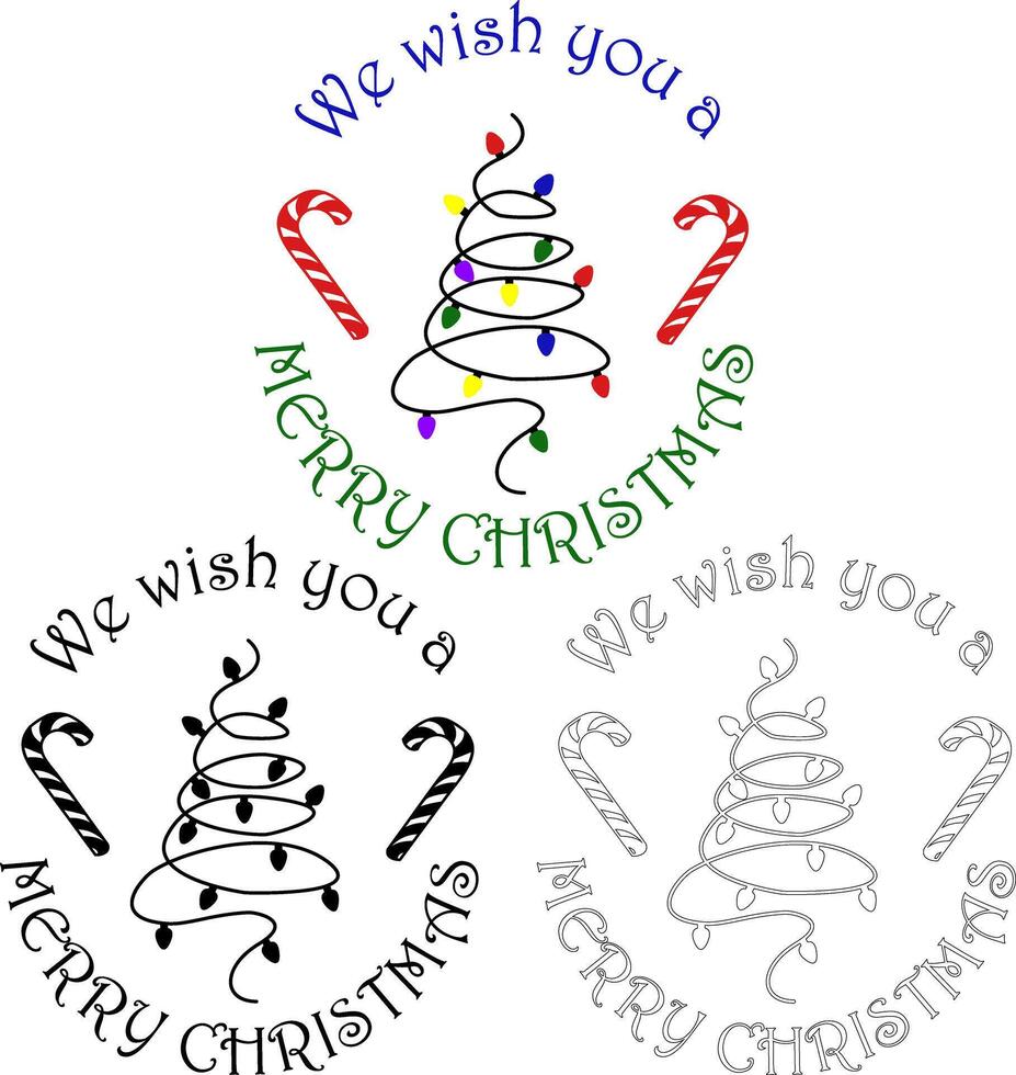Circle Christmas Banner with LED lights in Tree Shape and Candy Canes. Xmas Elements for Sticker, Postcard Template. Holiday Spirit With A We Wish You A Merry Christmas Message. illustration vector