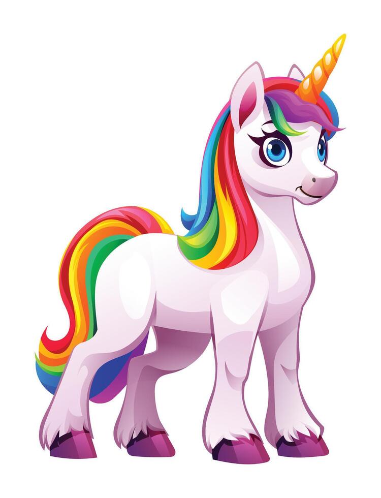 Cute unicorn standing with bright rainbow colors on its mane and tail. Cartoon illustration vector