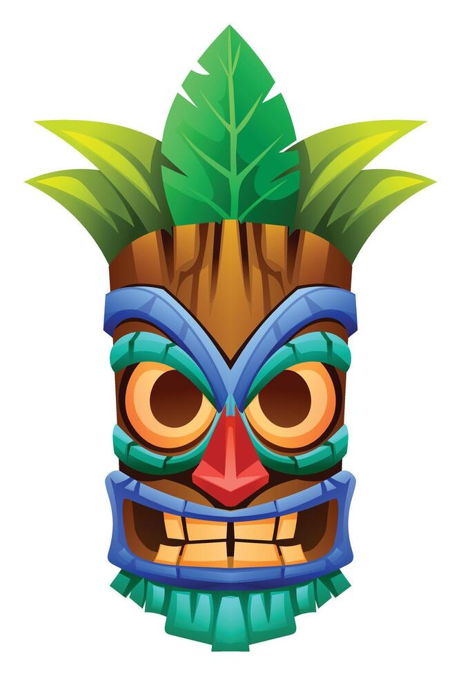 Wooden tiki mask with tropical leaves cartoon illustration vector