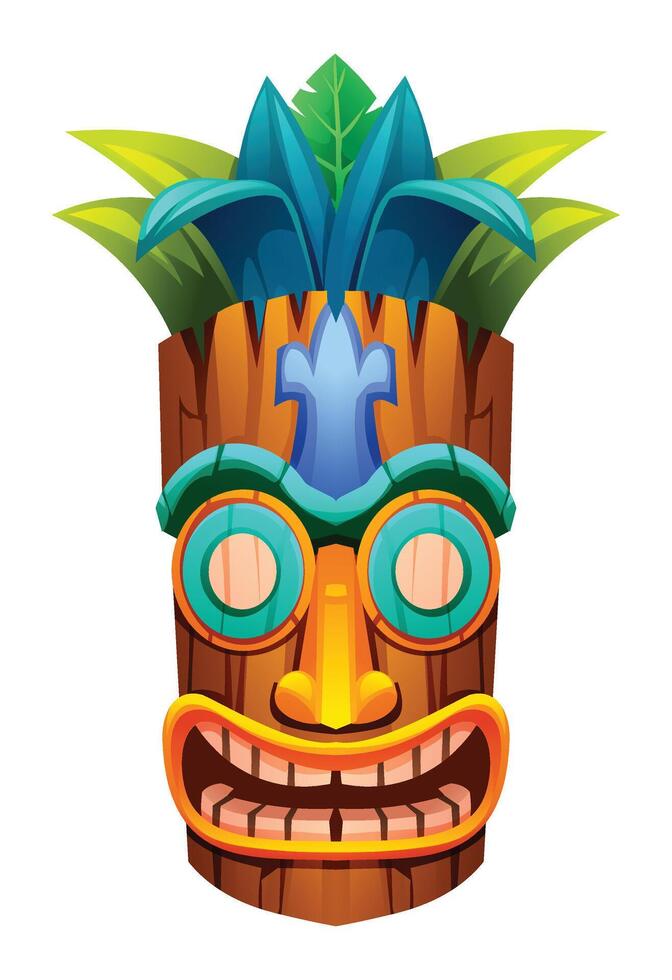Wooden tiki mask with tropical leaves and green foliage. Cartoon illustration vector