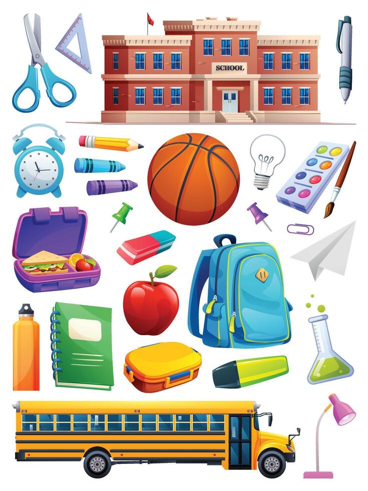 School equipment and supplies with school bus, books, and learning tools. Cartoon illustration vector