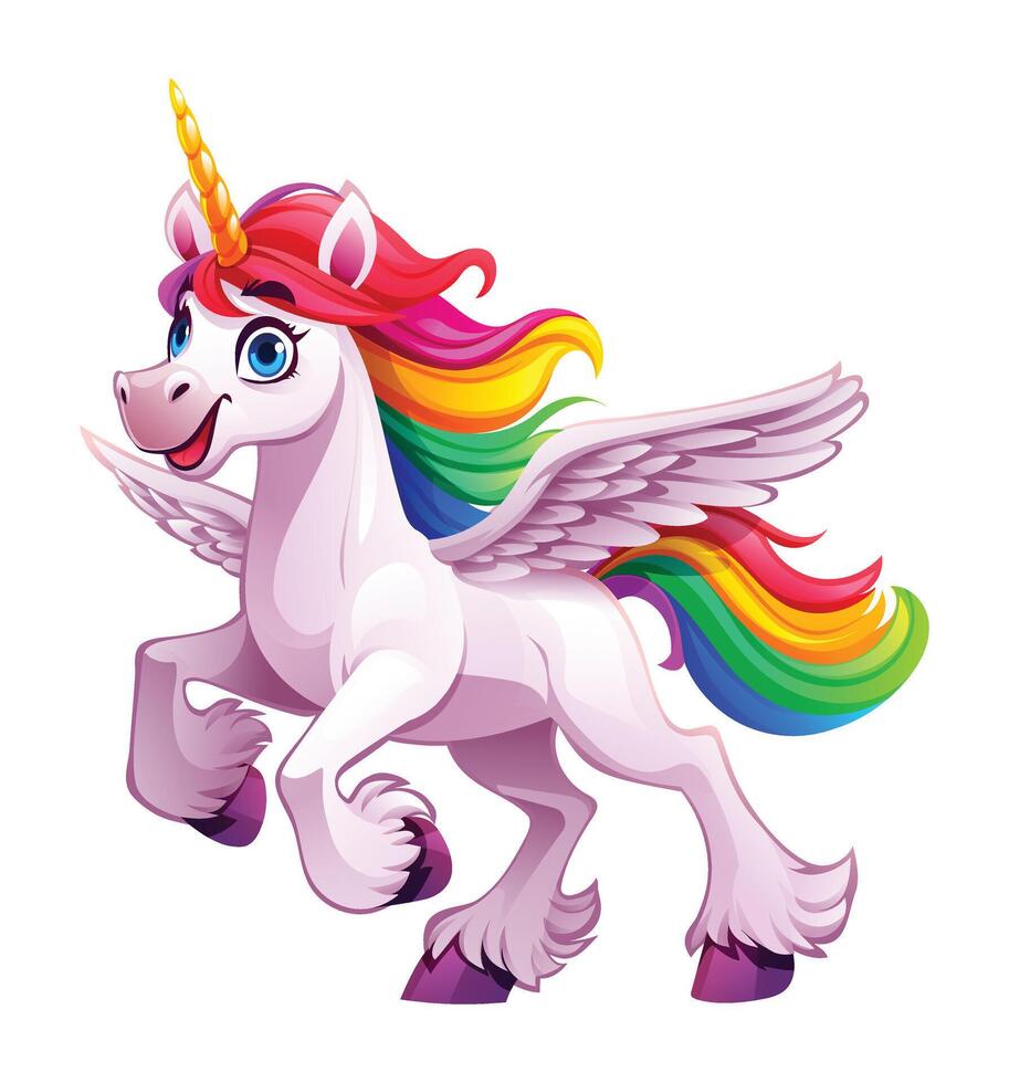 Cheerful unicorn with wings and rainbow mane. Cartoon character illustration vector