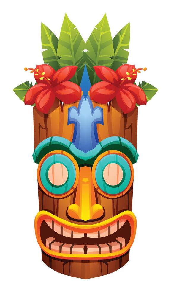 Tiki mask with red hibiscus flowers and tropical leaves. Cartoon illustration vector