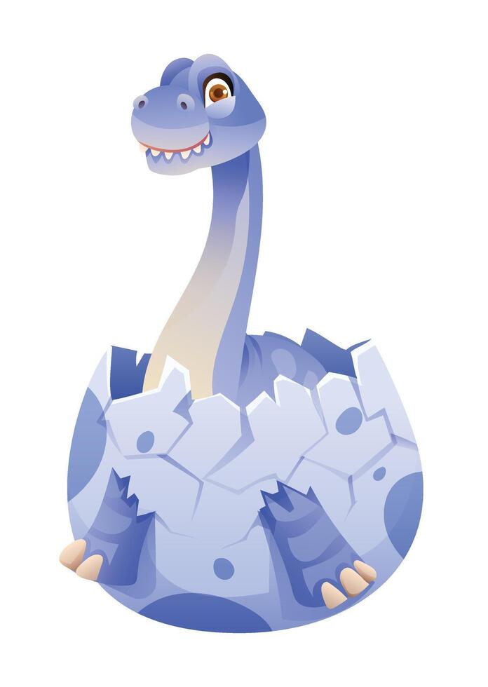 Baby brontosaurus hatching from a cracked egg. Cartoon illustration vector
